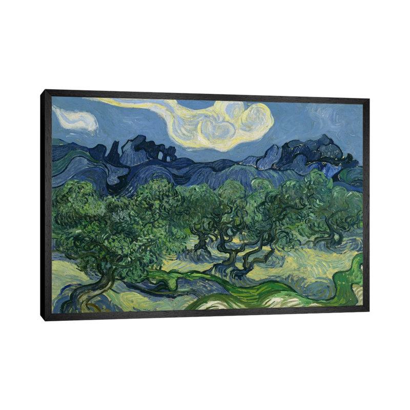 Olive Trees With The Alpilles In The Background by Vincent Van Gogh - Painting on Canvas, Black Floater Framed