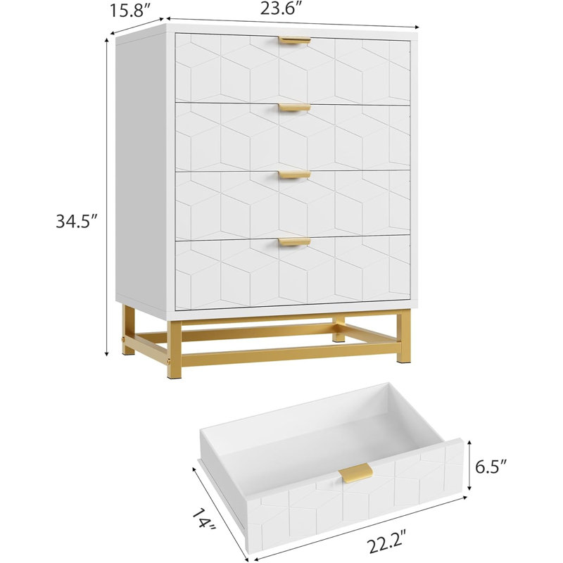 4-Drawer Wooden Dresser with Gold Metal Handles – Bedroom Storage Cabinet for Entryway, Hallway & Living Room, White, White