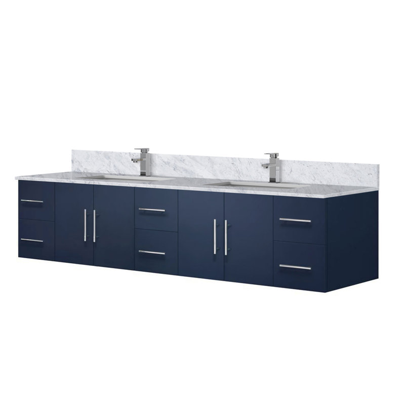 Meuble-lavabo double bleu marine 84 po X P 22 po D, dessus en marbre de Carrare et ensemble de robinet