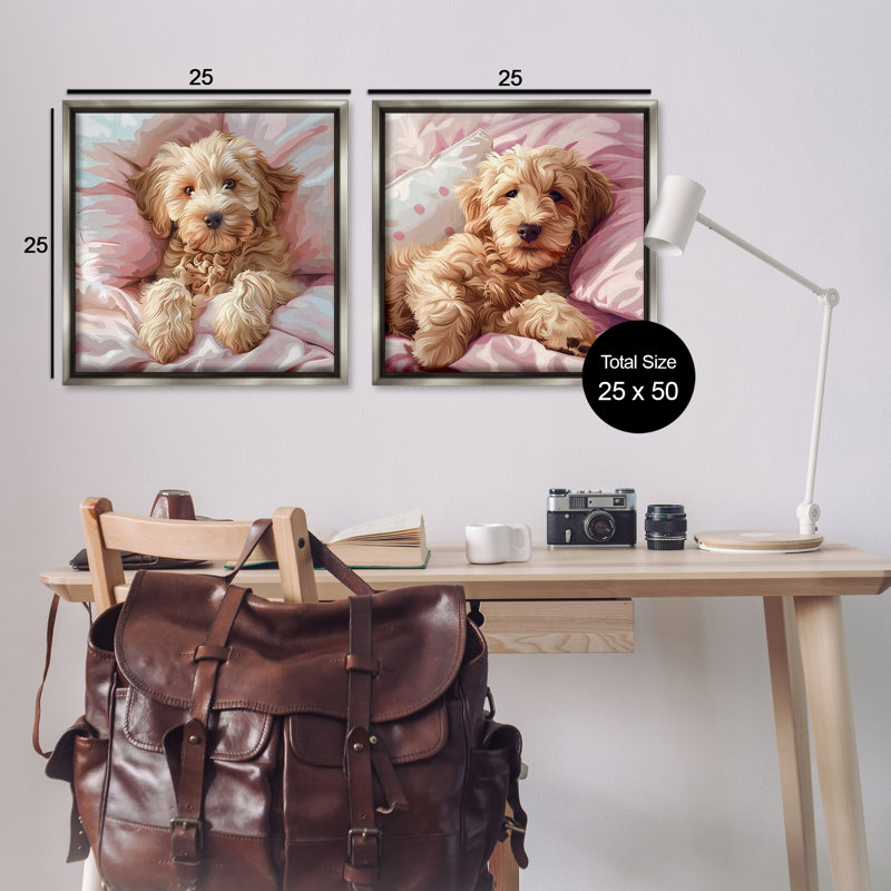  «Cuddling Labradoodle in Bed», ensemble de 2 toiles flottantes encadrées par Jim Baldwin, H 25 po x l 25 po