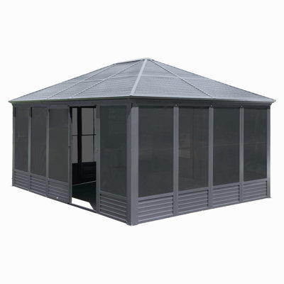 Sunroom, Four Season Solarium Aluminum Hardtop Gazebo With Galvanized Steel Roof, Movable Pvc Screen Walls, Sliding Doors, Sun Room Pavilion Gazebo For Patio Deck Backyard