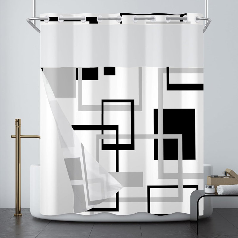 Black and White Geometric Fabric Shower Curtain with Liner