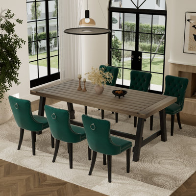 7 Pieces Modern Farmhouse Rectangle Dining Set with Mid-century High-end Tufted Dining Chair Set for 6