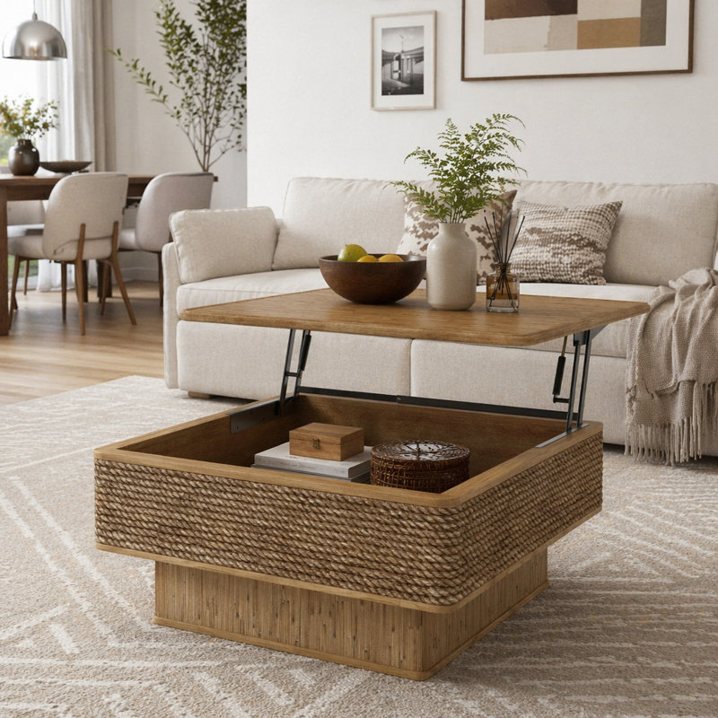 Square Rattan + Hemp Rope Coffee Table with Adjustable Storage Function