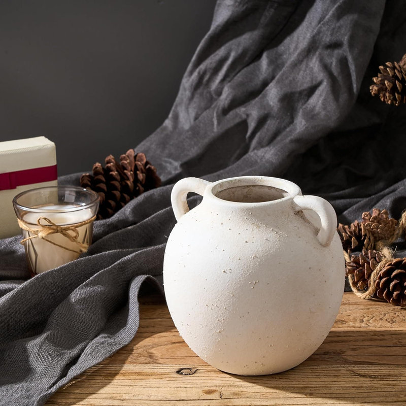 Vase en céramique avec poignées, vase en terre cuite de 5,8 pouces pour décor de maison de campagne Boho, vase décoratif rustique pour le salon, la table et la maison