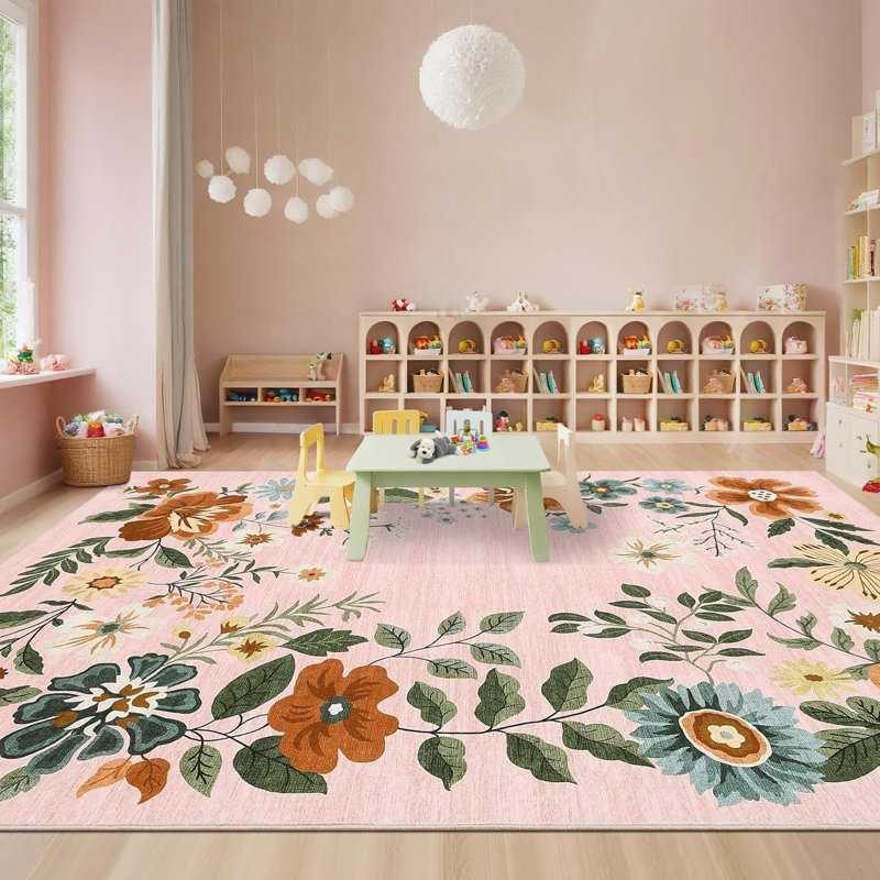 Floral Washable Area Rug, Non-Slip Non-Shedding Living Room Rug, Low Pile Stain-Resistant Throw Carpet, Foldable Printed Soft Carpet
