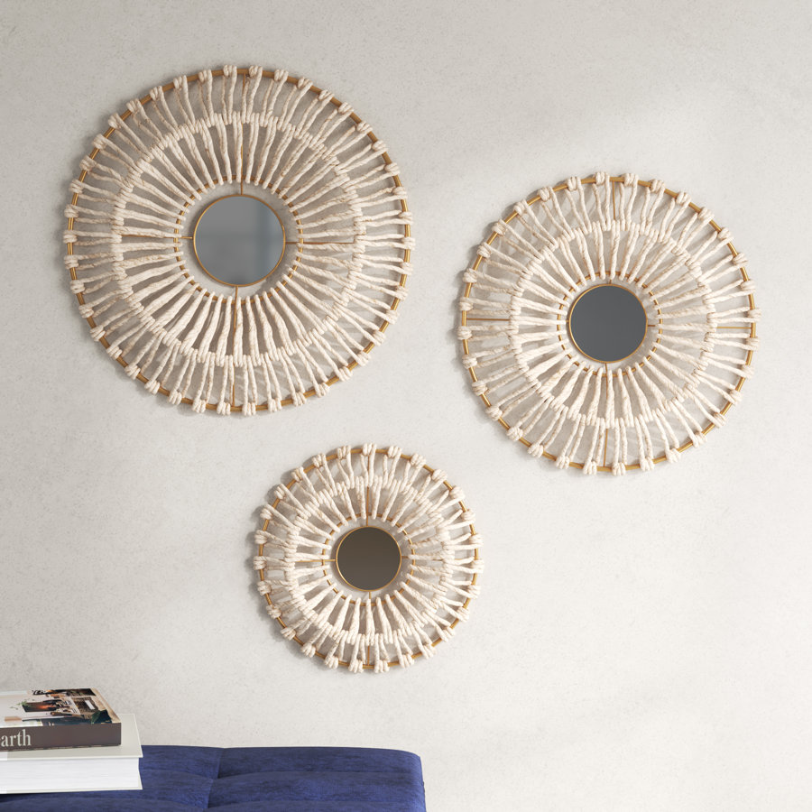 Pablo Round Natural Fiber and Mirror 3-Piece Wall Décor Set