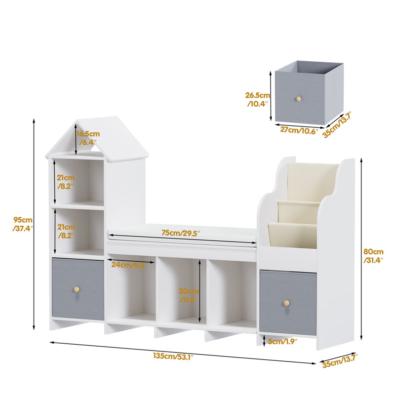 MoraRise Kids Bookshelf,Children's Bookcase with Reading Nook, 4-in-1 Toy Storage Unit with Seat Cushion, 3 Tier kids Bookcase with 5 Fabric Storage Drawers for Bedroom, Playroom, Nursery, White