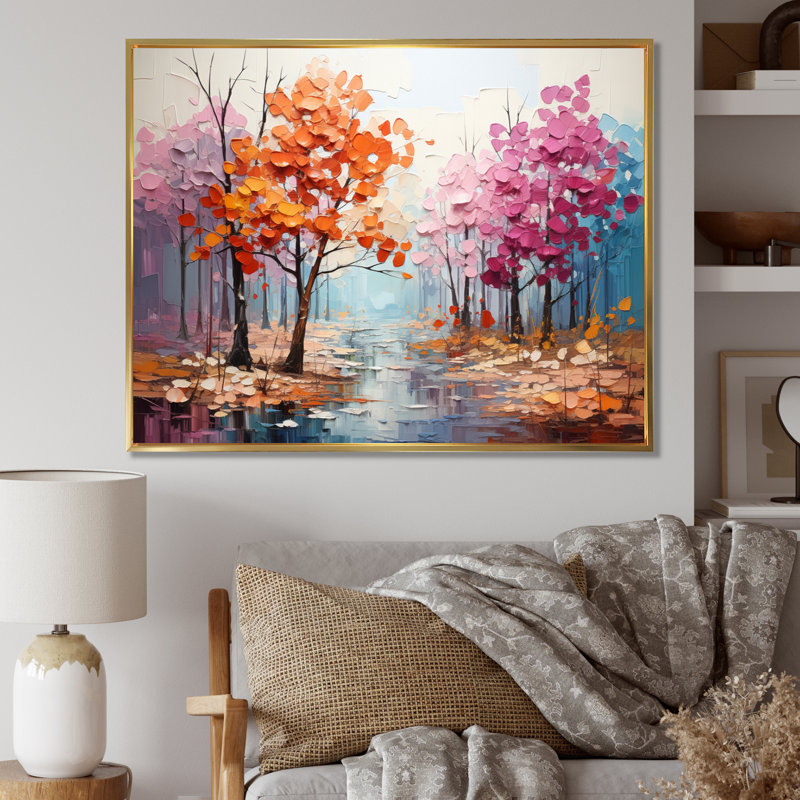 Orange Pink Neo Primal Forest Collage - Landscapes Canvas Wall Art, H 24 po x l 32 po x P 1 po, Cadre flottant doré