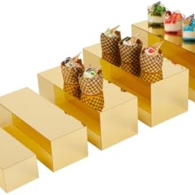 5 piece Gold Acrylic Food Display Risers – Rectangular Buffet Stands for Catering, Dessert Tables, Parties, Weddings, and Collectibles Display
