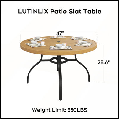 Table ronde de salle à manger d'extérieur/intérieur de 119 cm (47 po), monobloc, structure en métal naturel aspect bois