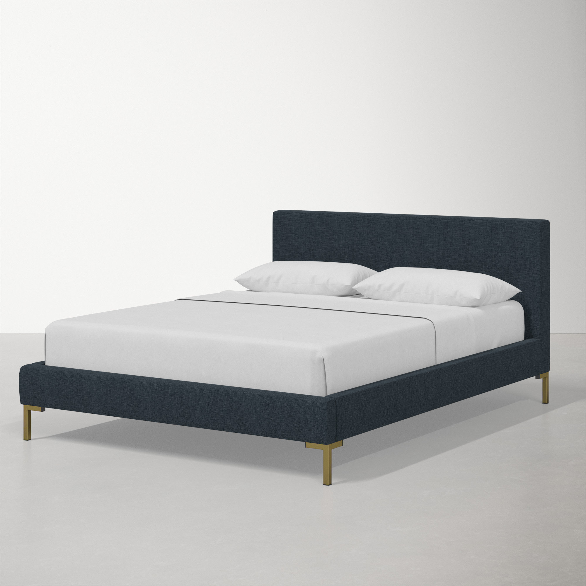 Rand Upholstered Bed, Classic Navy Linen, Brass, Queen