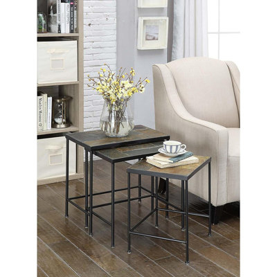 Set Of 3 Nesting Tables With Slate Tabletops, Solid Real Stone End Tables, Side And Accent Tables For Living Room Use