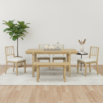 This 6-Piece Farmhouse Dining Set Features A Natural Washed Wood Finish Paired With Beige Veneer, Seating Up To Six People Comfortably. Built With Solid Wood Table Legs And A Sturdy Frame, And Equipped With Ergonomic Dining Chairs, It Is Perfectly Suitabl