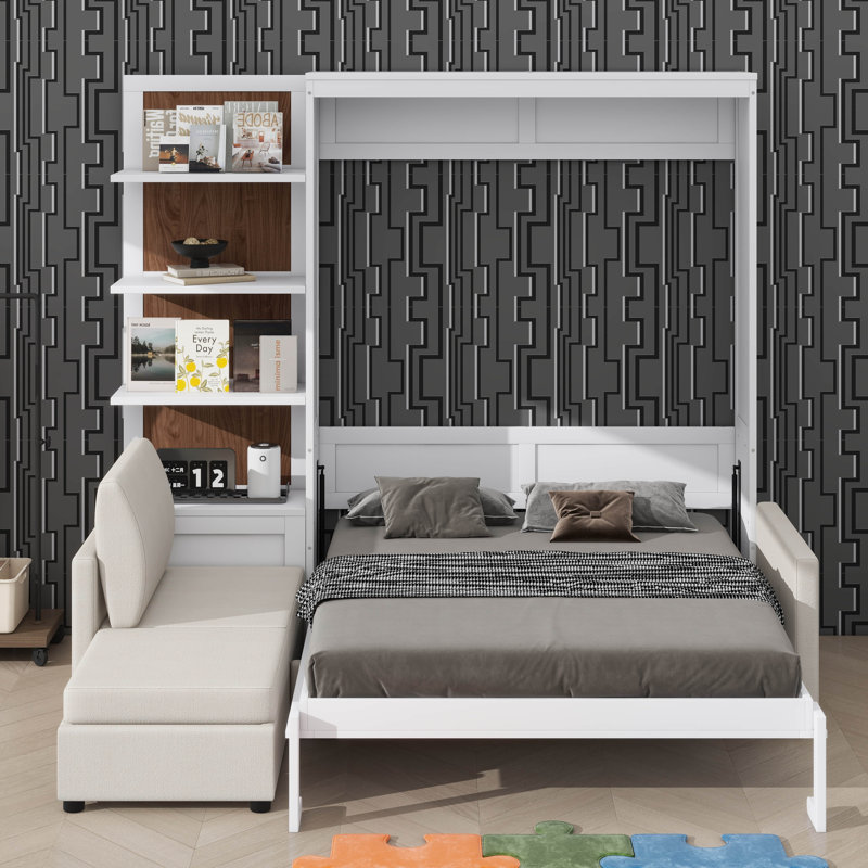 Grand lit escamotable mural avec canapé et tablettes, Blanc