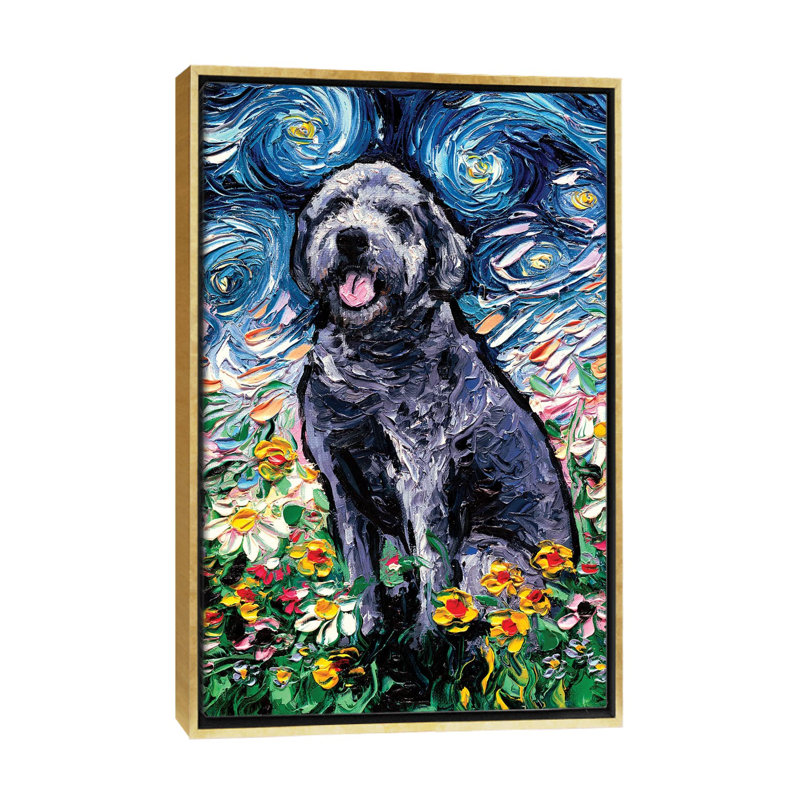 "Grey labradoodle Night" par aja Trèves, reproduction d’art, H 26 po x l 18 po x 1,5 po, Toile encadrée d'or, Pas de tapis