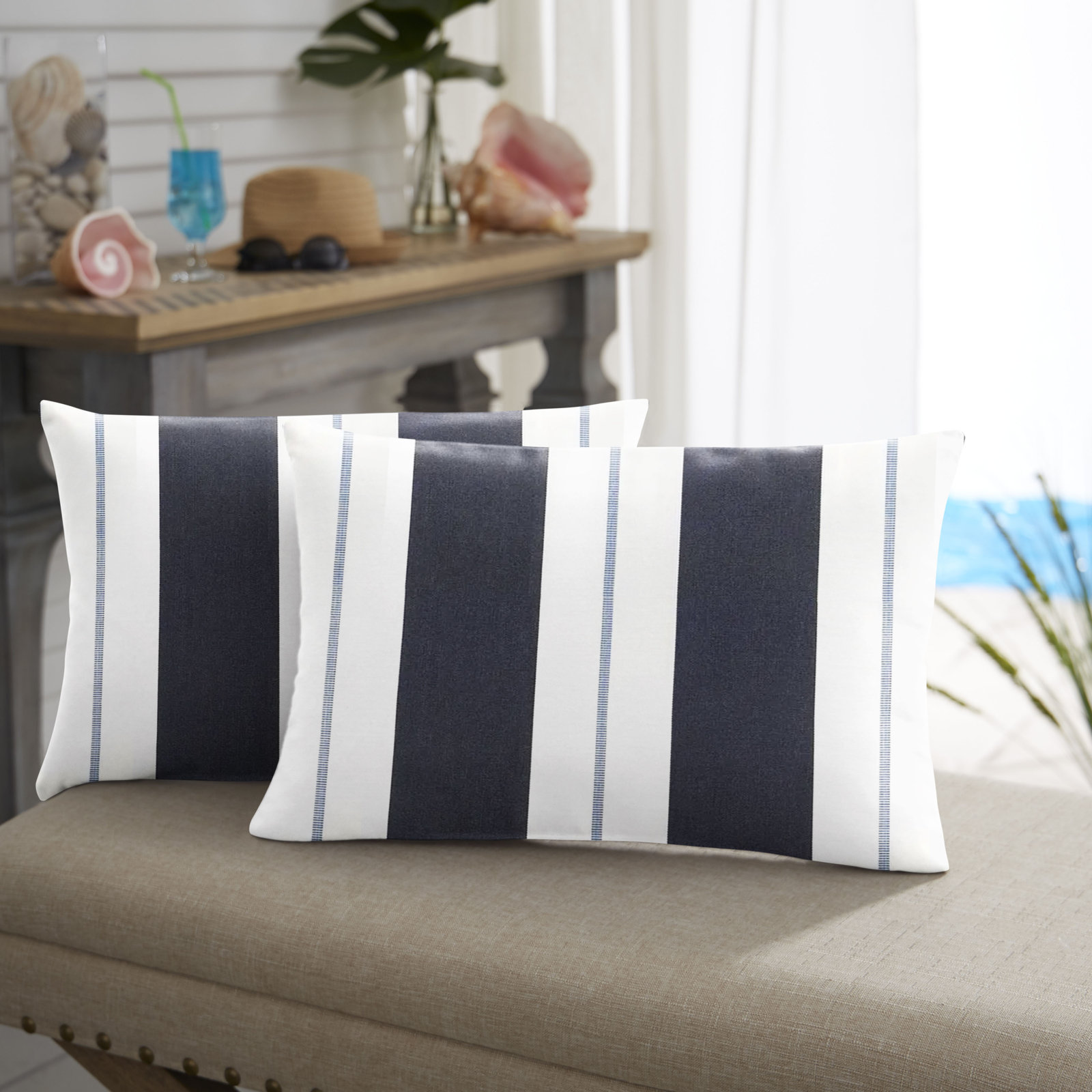 Deana Sunbrella® Throw Pillow, 12" H x 24" W, Blue/White