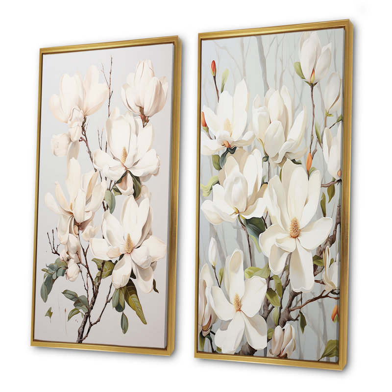 «Magnolias», ensemble de 2 reproductions d'art mural beige et vert, H 28 po x l 25 po, Encadrement doré