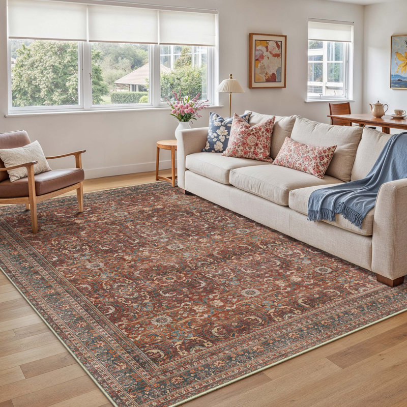 Machine Washable Vintage Floral Area Rug With Non-Slip Rubber Backing, Rectangle 5' x 7'