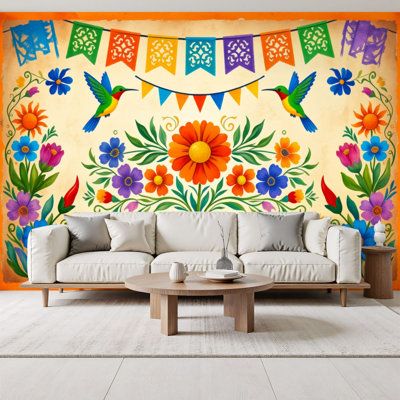 Mexican Peel and Stick Wallpaper Colorful Mexican Folk Hummingbirds Lizards Flowers Papel Banners Wall Murals 69"H x 96"W Removable PVC Wall Paper Self-Adhesive Wall Decor for Bedroom Living Room Home Office