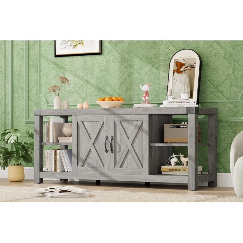 60" Farmhouse TV Stand for 65" TV, Media Console with Storage, Grey, Gray
