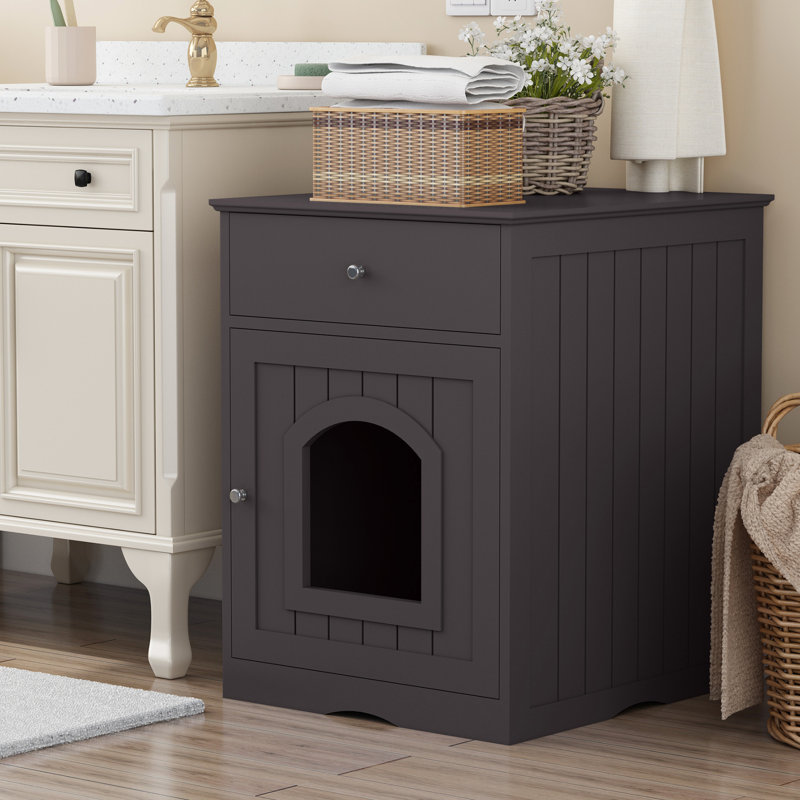 Enceinte intérieure en bois pour litière pour chat avec tiroir, table d'appoint, table de chevet brune pour chat, cage