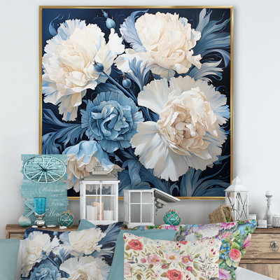 Arrangement d'œillets blanc et bleu sur toile