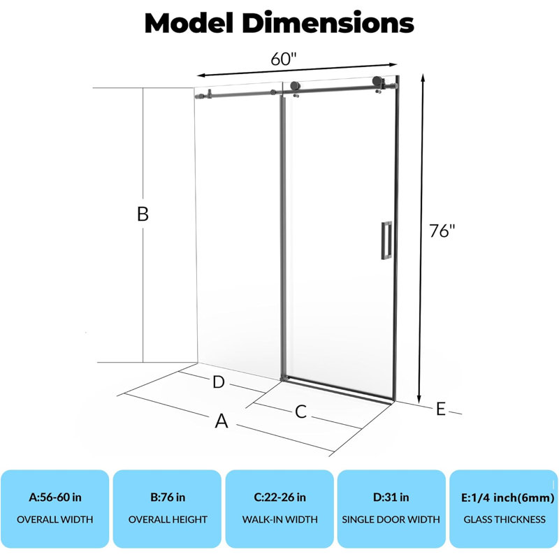 Frameless Sliding Shower Door 56-60 inch W×76 inch H, Stainless Steel Round Rail with 55 Rollers, 8mm Tempered Glass, One Fixed One Sliding Door, Brushed Nickel Finish for Modern Bathroom