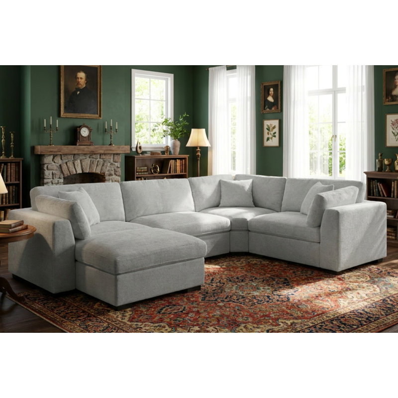 Modular Sectional Sofa, 5-Piece L-Shaped Couch With Ottoman, Reconfigurable Living Room Furniture, Light Gray Polyester Blend