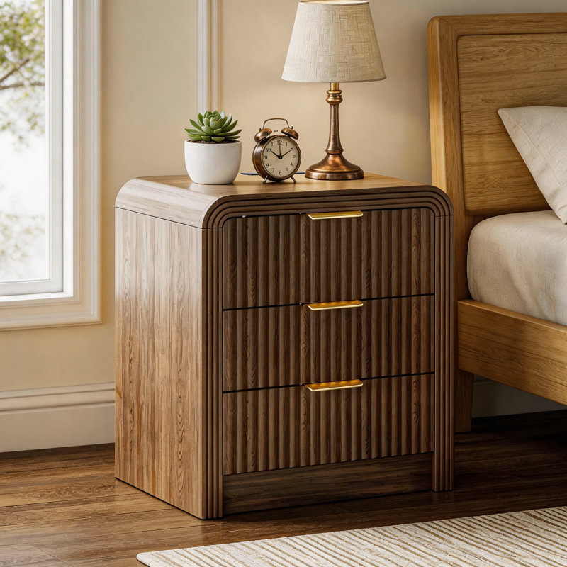 19.6'' W Walnut Three-Drawer Dresser, Rechargeable Nightstand, Set Of 2, Set of 2, walnut