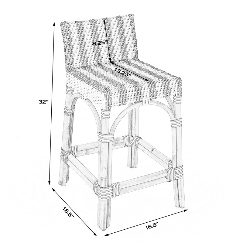 Serienna Blue & White Rattan Low Back Counter Stool, White/Navy Striped, Counter Stool (24" Seat Heigh)t