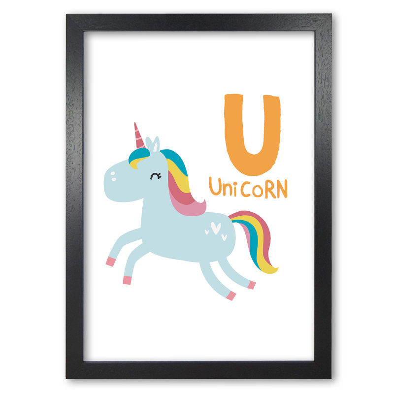 Alphabet Animals, U Is For Unicorn - Single Picture Frame Print, Black Grain Frame, 30 cm H x 21 cm W x 1 cm D
