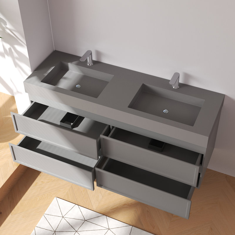 Meuble-lavabo mural double 59 po avec comptoir à surface solide 59 po, Gris