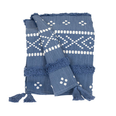 Jeté rayé en coton tissé bleu