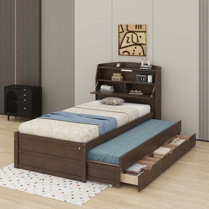 Lit plateforme simple en bois à DEL avec tiroirs, tête de lit et lit gigogne, Brun