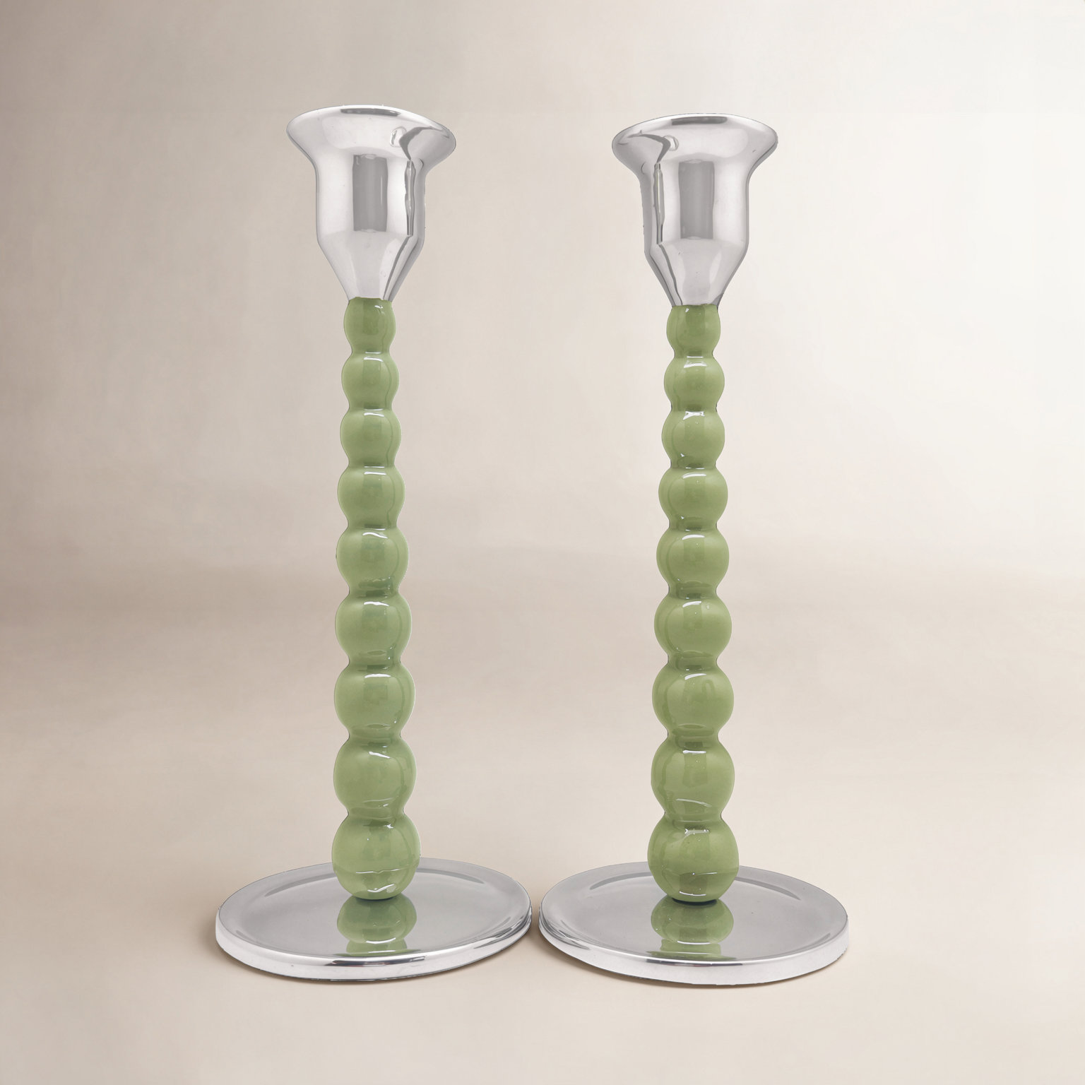Mariposa Pearled Aluminum Candlestick Holder, Green, 9" H x 3.54" W x 3.54" D