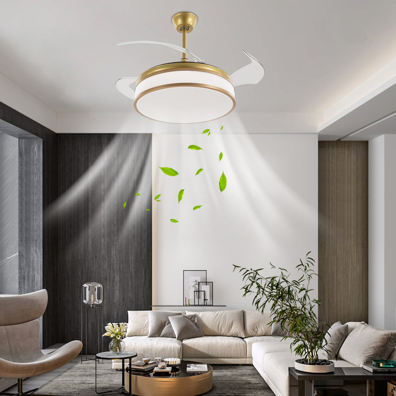 Gold 42'' Retractable Blade Ceiling Fan with LED Light and Remote