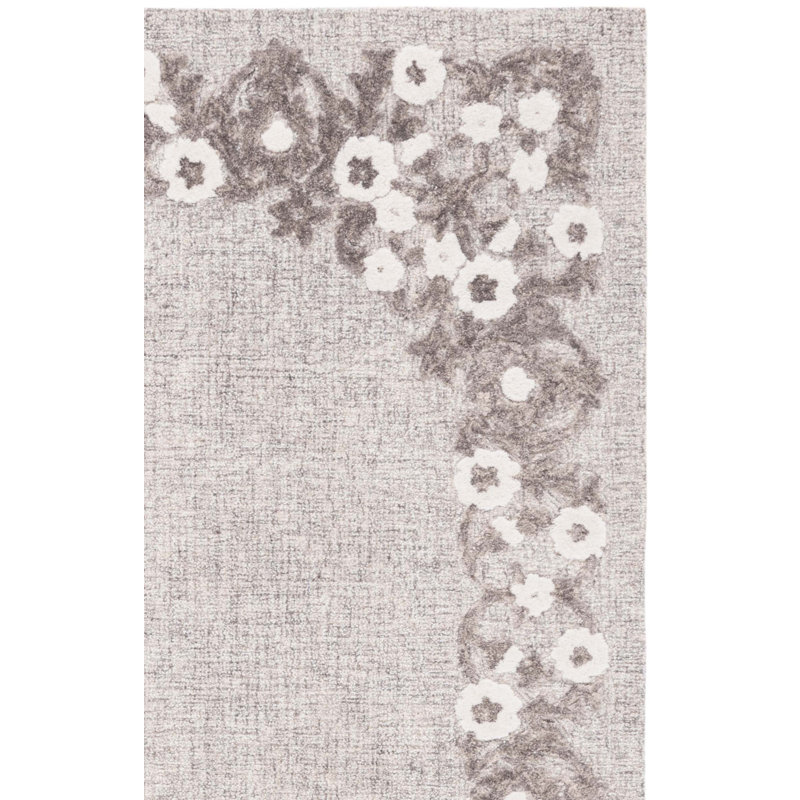 Lycan Ebony Hand Tufted Wool Cotton Floral Rug in Gray/Ivory, Rectangle 6' x 9'