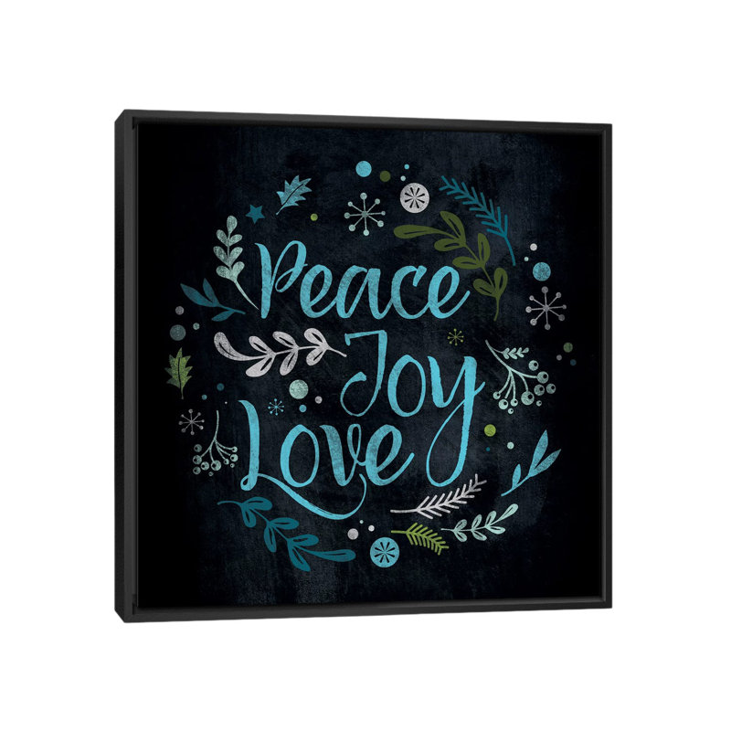 Peace Joy Love in Blue, art textuel sur toile tendue, H 26 po x l 26 po x P 1,5 po, Toile encadrée noire, Pas de tapis