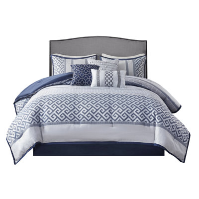 Elegant 7 Piece Comforter Navy King - Steam & Wrinkle- Luxury Bedding Pieces With Comforter, Shams Bed Skirt