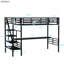 Lit mezzanine simple noir avec bureau, lattes en métal sécurisées, garde-corps pleine longueur, rangement sous le cadre à assemblage rapide noir, caractéristiques, multifonctionnel, peu encombrant dans la chambre à coucher