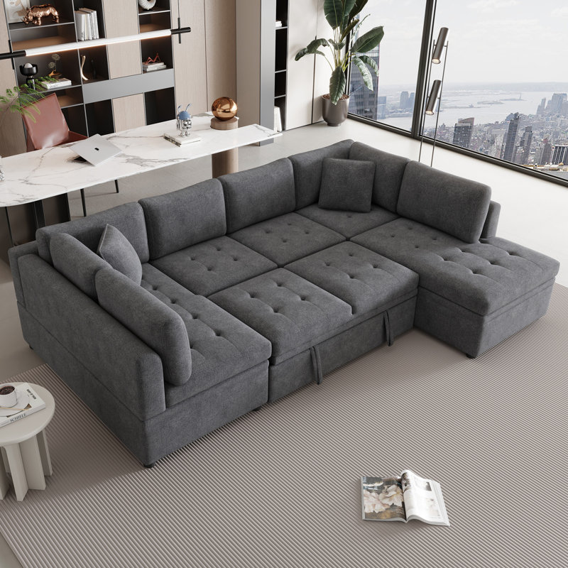 Canapé-lit modulaire surdimensionné en U de 117,3 po avec deux coussins décoratifs pour le salon