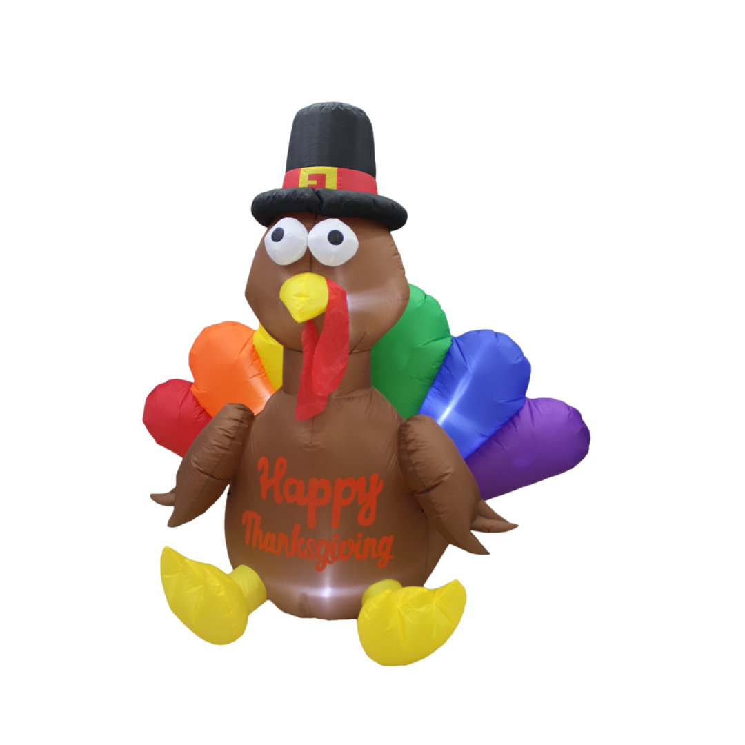 6 Foot Tall Lighted Happy Thanksgiving Turkey with Rainbow Color Feather and Pilgrim Hat Inflatable Indoor / Outdoor Blow Up Holiday Yard Decoration The Holiday Aisle®