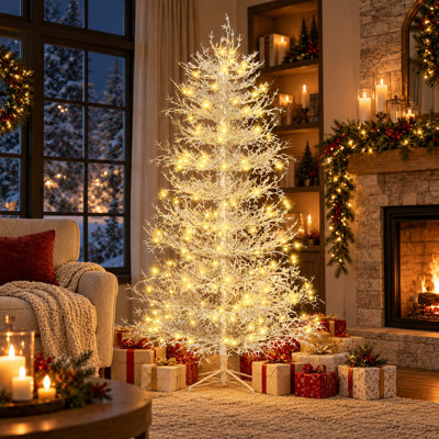 6' Pre-Lit Aspen Fir Artificial Christmas Tree with 420 Warm White LED Lights, 623 PE Branch Tips, White Coral Twig Xmas Tree with Metal Stand for Home Party
