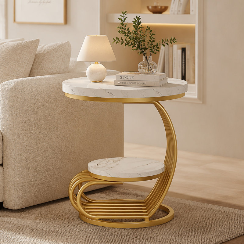 Table de bout ronde, table d'appoint en faux marbre 2 niveaux avec tablette de rangement