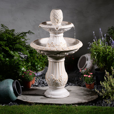 2-Tier Ivory Ceramic Pedestal Fountain, Decorative Water Fountain with LED Lights and Quiet Pump, Indoor Outdoor Water Feature for Patio, Garden, Deck, Balcony, Office and Home Décor, Relaxing Cascading Water Design