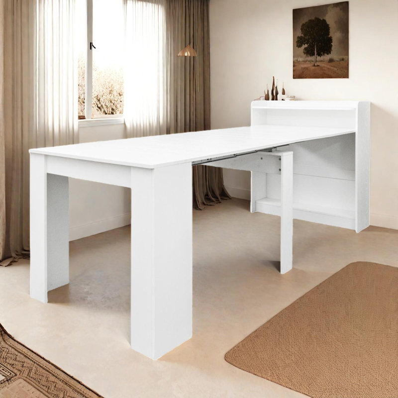 Table de salle à manger extensible avec tablette de rangement, console convertible pour petits espaces, Bois blanc