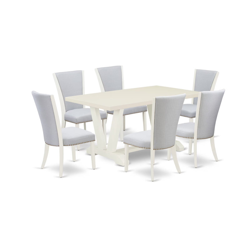 7 Piece Dining Table Set Consist of a Rectangle Dining Room Table with V-Legs and 6 Grey Linen Fabric Upholstered Chairs, 36x60 Inch, Multi-Color