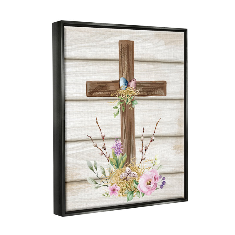 Spirituelle, croix de printemps, fleurs printanières, Cadre flottant noir de jais, H 21 po x l 17 po x P 1,7 po