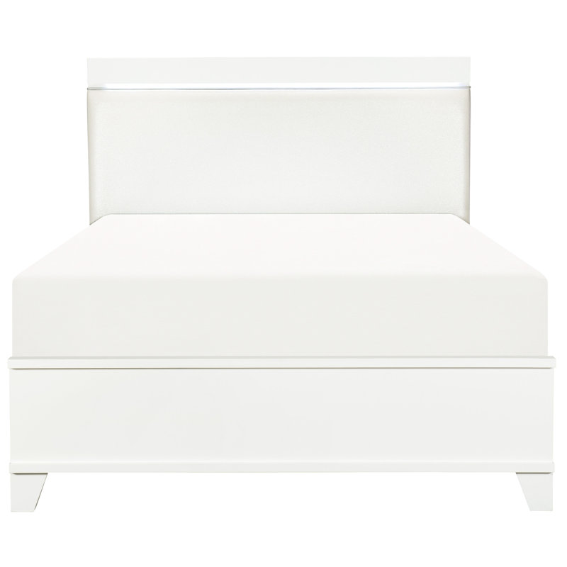 Tête de lit blanche moderne en similicuir avec éclairage DEL au fini ultrabrillant, Lit double